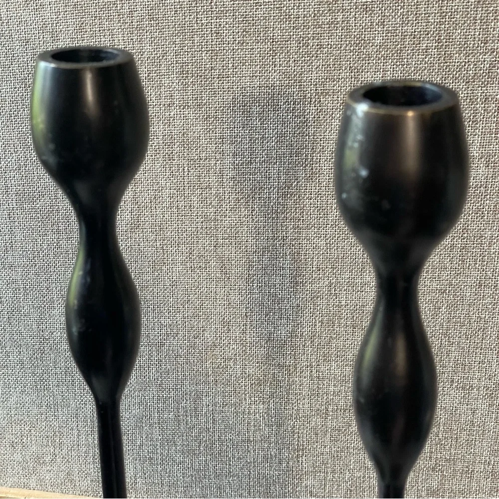 Crate & Barrel black metal primitive taper candlestick holders